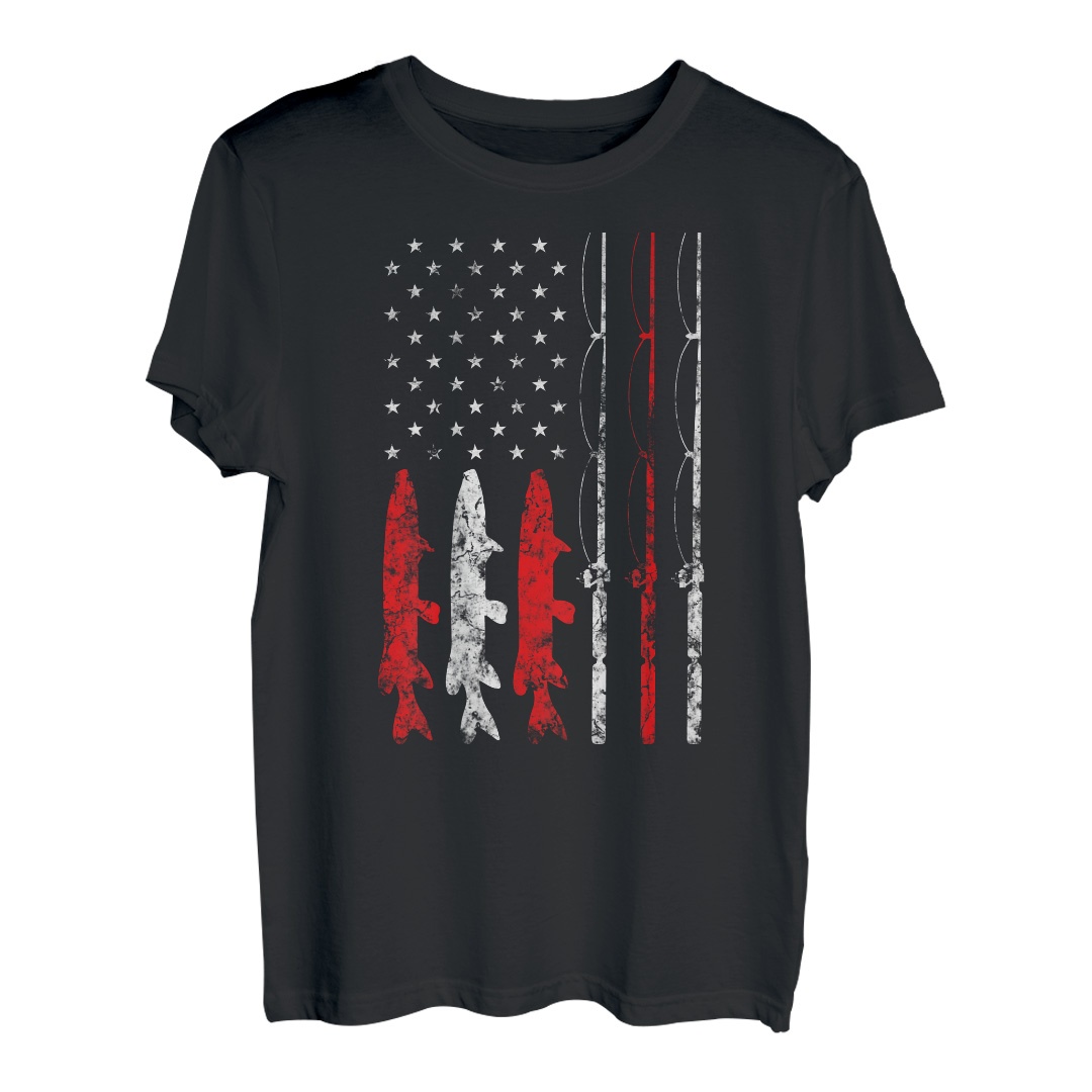 Angelrute Schnur Rolle Streifen Amerikanische Flagge Angler T-Shirt